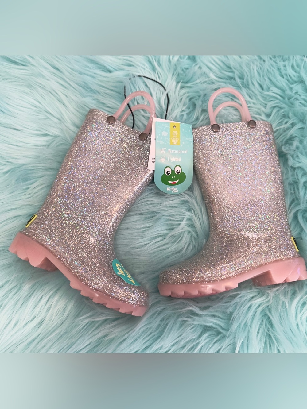 Toddler Girl Light Up Glitter Silver Rose Light Up Rain Boots Sz 6 NEW!  Flawed!